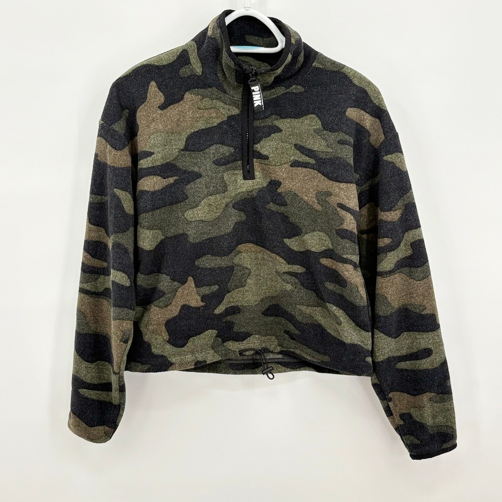 PINK Victoria's Secret Camo Fleece Quarter Zip Cropped Pullover XS Green Black